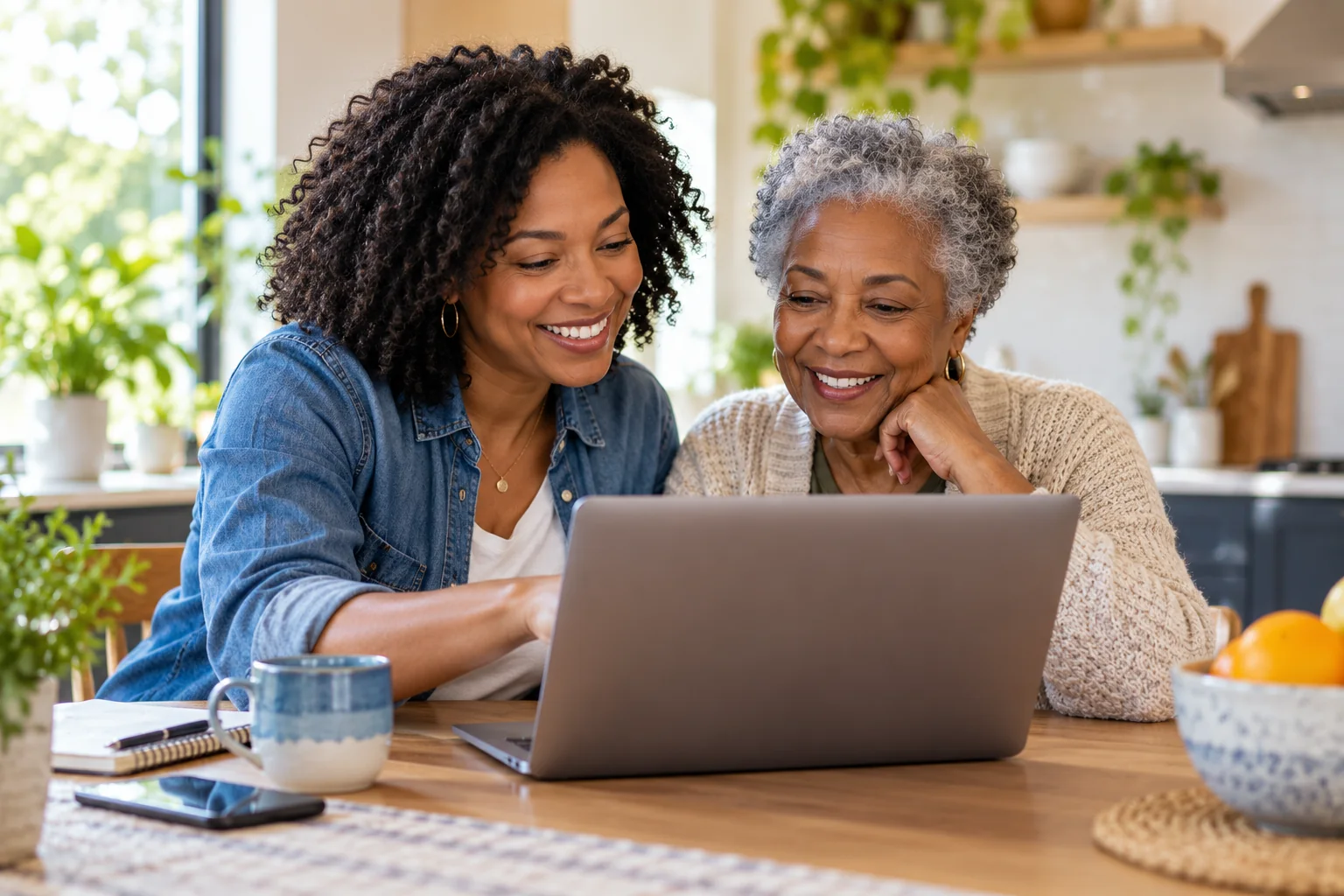 Black adult daughter and mother comfortably using a laptop together at home