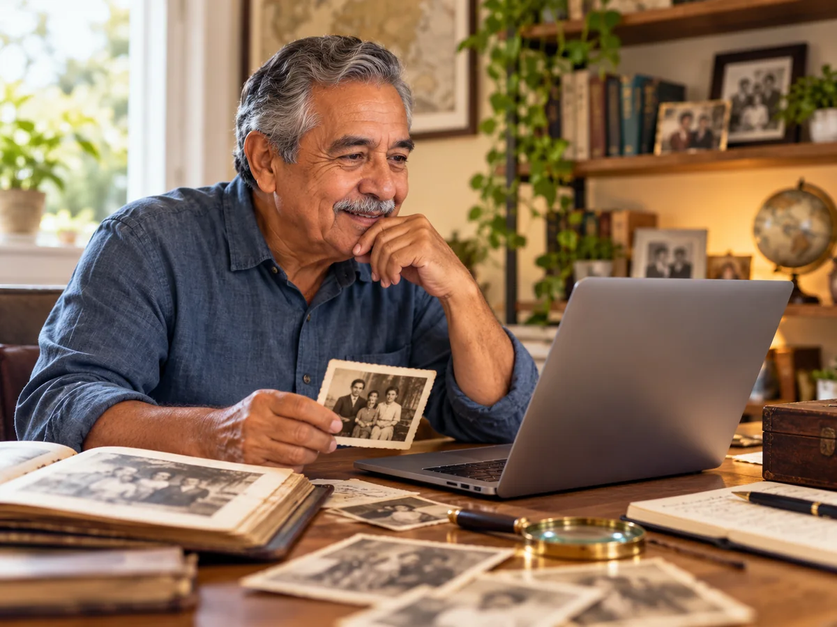 Hispanic older man using a laptop with family history photos and genealogy notes