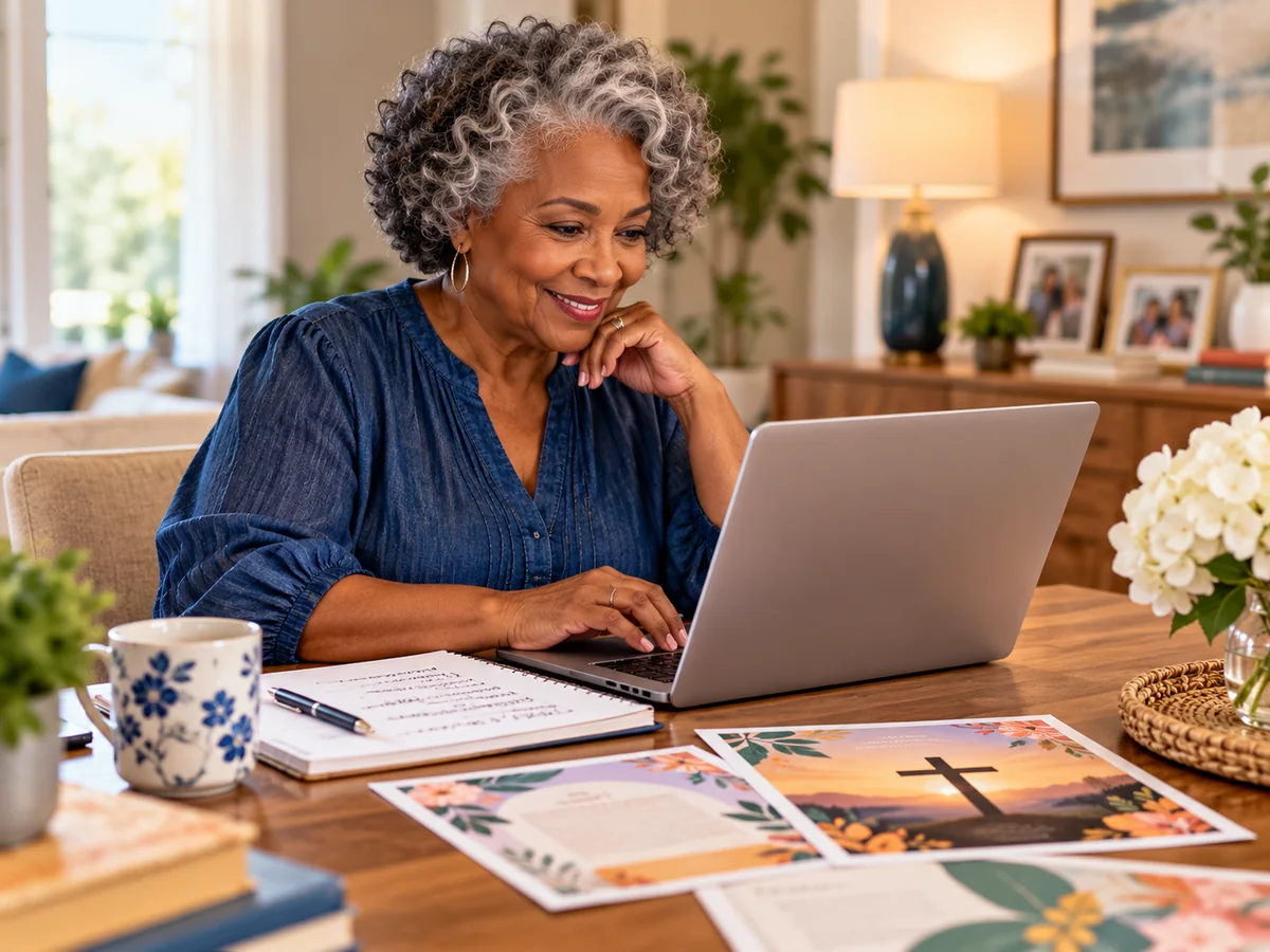 Black older woman creating a community bake sale flyer on a laptop