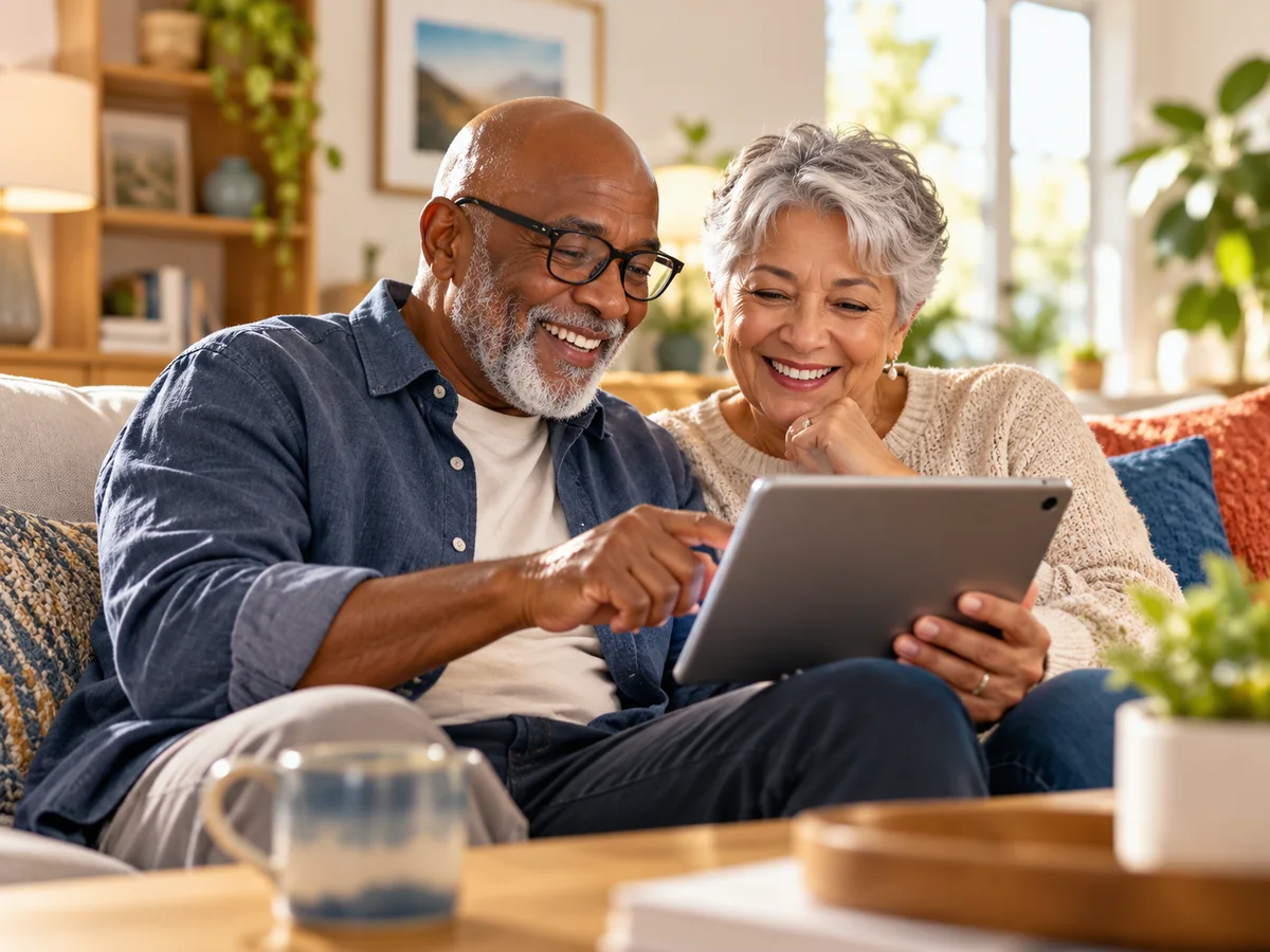 Diverse older couple enjoying a tablet together at home