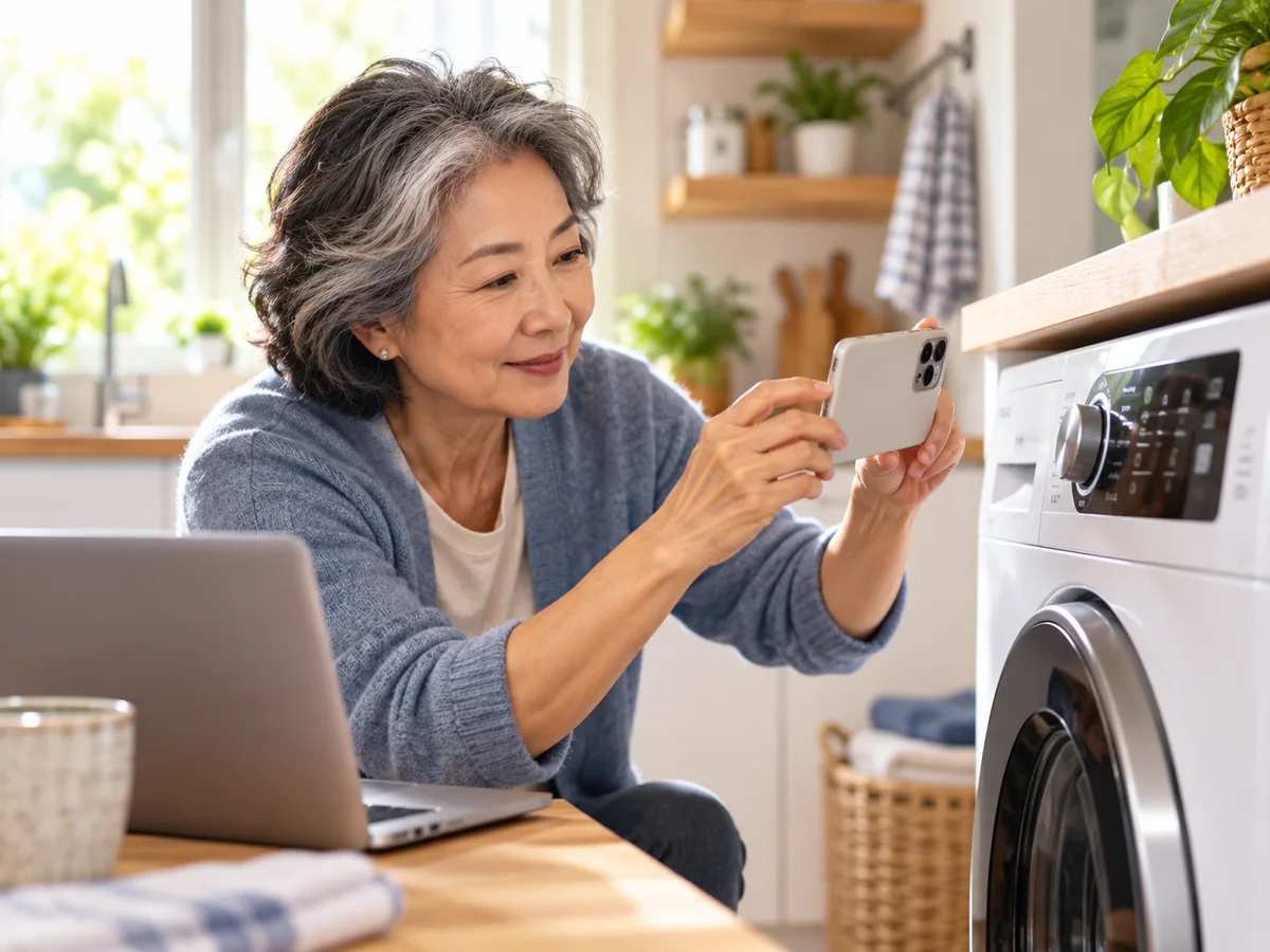 Asian older woman photographing a washing machine control panel with her phone