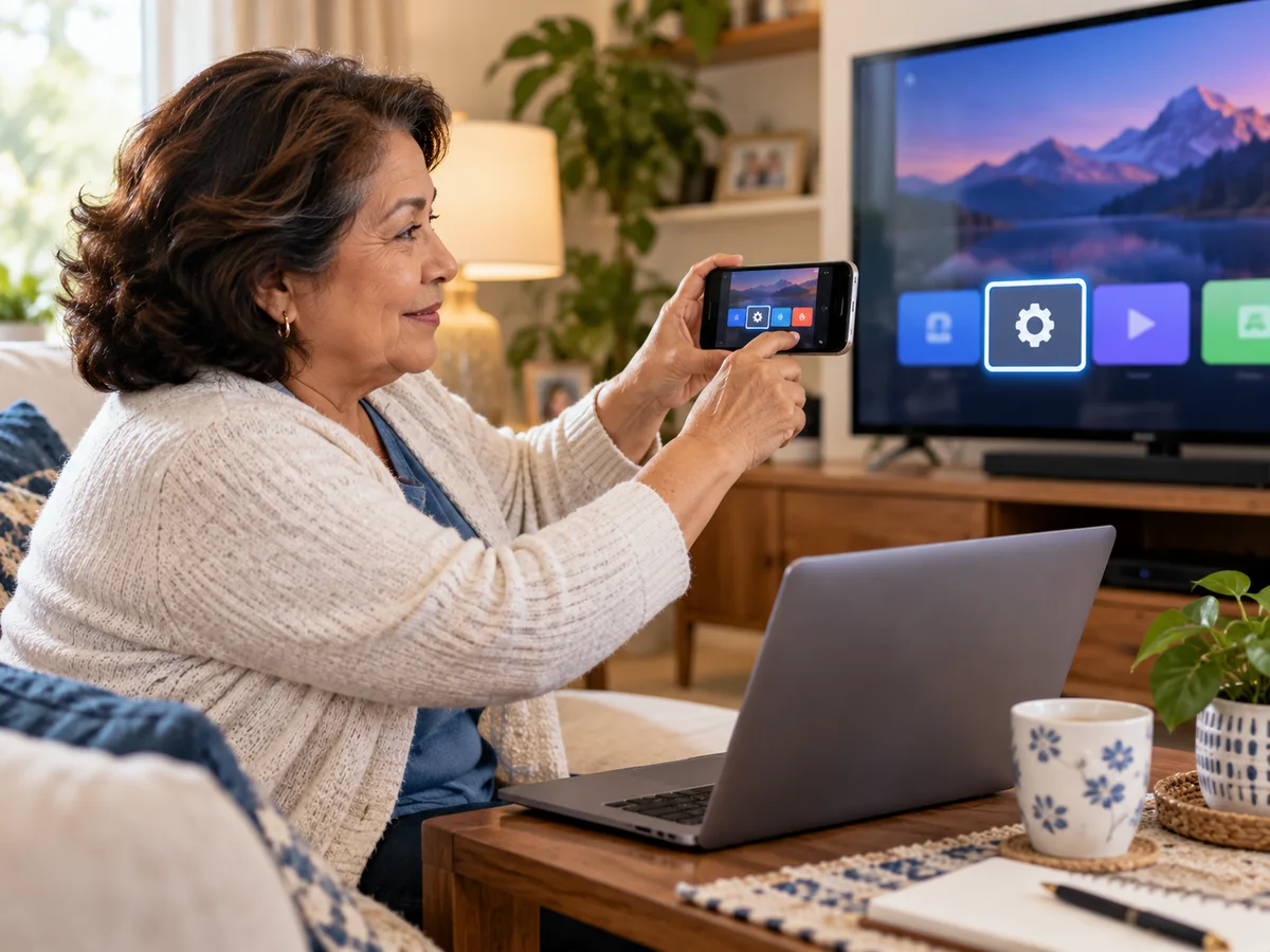 Hispanic older woman using her phone to get help with a television