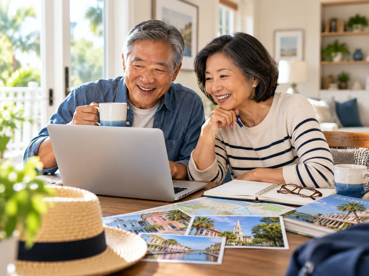 Asian older couple planning a trip together on a laptop
